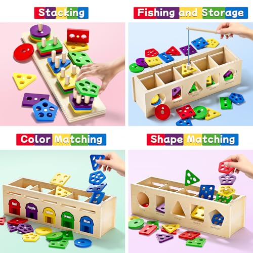 Image of Montessori 4 in 1 Wooden Sorting Shape Sorter and Stacking Toy Box Color Matching Counting Fishing Game Preschool Educational Toys for 3 Years Boys and Girls Gifts
