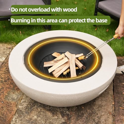 Image of Round Wood Burning Concrete Outdoor Fire Pit,35.43 inch Heat Resistant MGO Ceramic Material Base with BBQ Grill Firepit for Patio Garden,Backyard Barbecue,Outdoor Gatherings Light Gray (Grey 2)