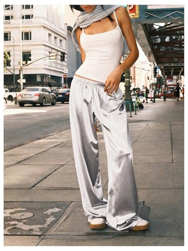 Floerns Women's Y2k Satin Elastic Waist Wide Leg Pants Satin Loose Fit Casual Trousers4