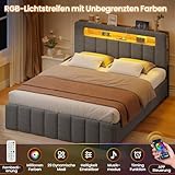AOGLLATI Polsterbett 140x200 mit Stauraum,Hydraulisches Bett mit LED-Bleuchtung und Ladestation Jugendbett Doppelbett Bettgestell mit Kopfteil aus Samt-Ohne Matratze (Grau Leinen, 140x200cm)