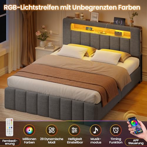 AOGLLATI Polsterbett 140x200 mit Stauraum,Hydraulisches Bett mit LED-Bleuchtung und Ladestation Jugendbett Doppelbett Bettgestell mit Kopfteil aus Samt-Ohne Matratze (Grau Leinen, 140x200cm)