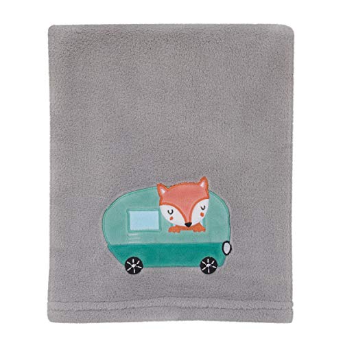 NoJo Super Soft Baby Blanket, Retro Happy Camper with Fox Applique, Grey/Aqua/Orange