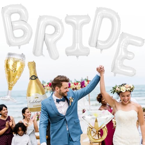 Image of 40inch Bride Balloons White Letters Banner, Bachelorette Party Decorations Set with Diamond Ring Champagne Bottle Balloon Glass Foil Balloon for Bachelorette Engagement Wedding Bridal Shower Decor