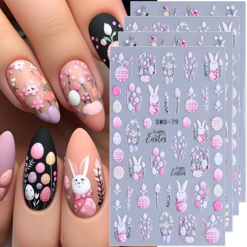 Easter Nail Art Stickers Decals 5D Embossed Easter Eggs Flower Nail Decals 4PCS Colored Floral Rabbit Spring Nails Design Adhesive Sliders Manicure Nail Art Supplies for Women DIY Nail Art Decorations