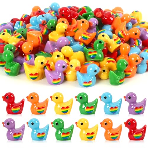 DTOFOOT 100Pcs Mini Pride Ducks Rainbow Resin Tiny Miniature LGBT Ducks
