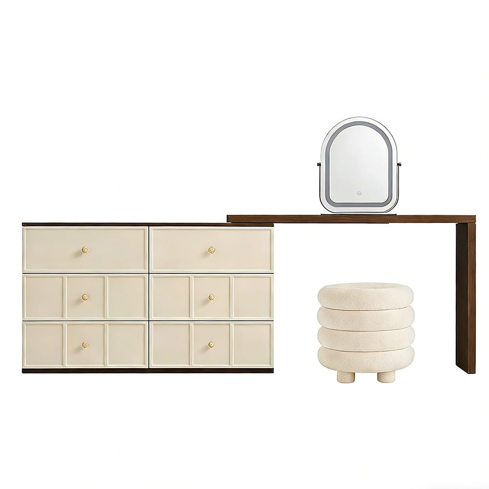 Francuska komoda w stylu retro do makijażu, 6 szuflad, wysokiej klasy kolor klonu, elegancka toaletka do przechowywania w sypialni (kremowe wykończenie)