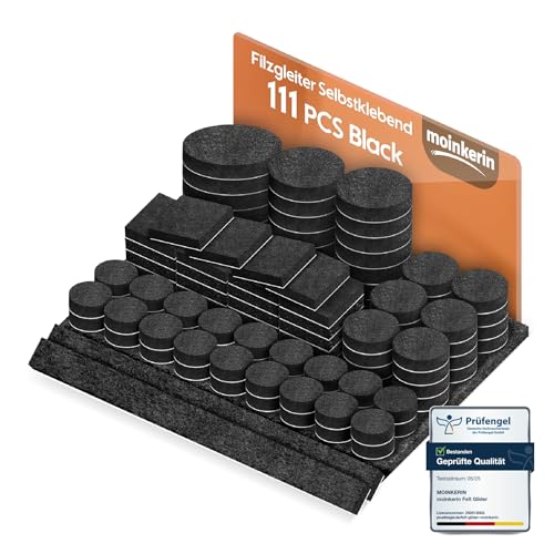 moinkerin Fieltro Adhesivo Muebles 111 Piezas Almohadillas de Fieltro Grosor 5mm Protector Patas Sillas para Pies de Muebles Antiarañazos & Reducción de Ruido Corte Cada Forma Negro