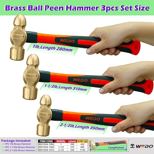 Image of WEDO 3PCS Brass Ball Peen Hammer Set, 16 oz+24 oz+40 oz(1lb+1-1 /2lb+2lb-1 /2lb), Brass Ball Pein Hammer Set with Fiberglass Handle, Die-Forged, Corrosion Resistant, DIN Standard