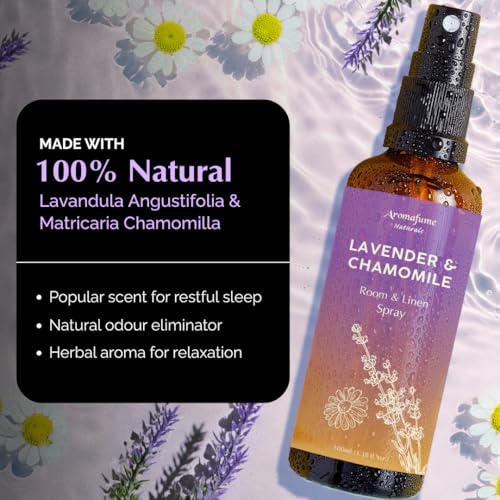 Image of Lavender and Chamomile Room, Linen & Pillow Spray by Aromafume | 100ml /3.38 fl oz | with Pure Lavender Essential Oil | Aromatherapy Spray for Relaxation, Sleep & Stress Relief