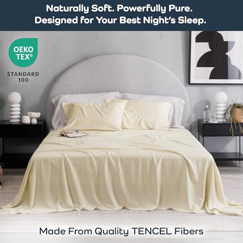 Image of Olive + Crate Tencel Lyocell Eucalyptus Sheets King Size - Cooling Tencel Sheets for Hot Sleepers with 18 Inch Deep Pocket Fit - Butter Cream 4-Piece Set