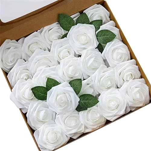 Fesnova Weiße Künstliche Rosen,Kunstrosen 25 Stück Seidenblumen mit Grünen Blättern,Dekorative Schaumrosen für Hochzeit,DIY Blumenarrangements,Basteln,Wachsrosen Grabschmuck,Hochzeitsdeko
