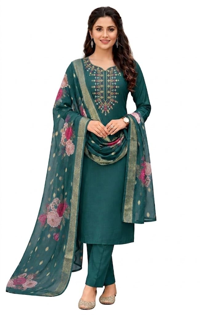 Trending Green Kurta Set for Women | Embroidered Rayon Slub Kurti with Floral Chanderi Dupatta | Ready-to-Wear Straight Suit Gift Set-picture-30