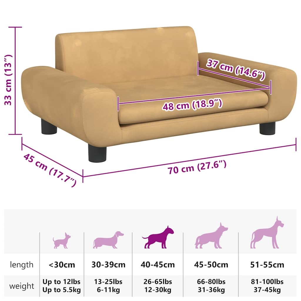 vidaXL Cama para Perros de Terciopelo marrón 70x45x33 cm, sofá para Perros, Cama para Cachorros, Asiento para Perros, sofá para Mascota