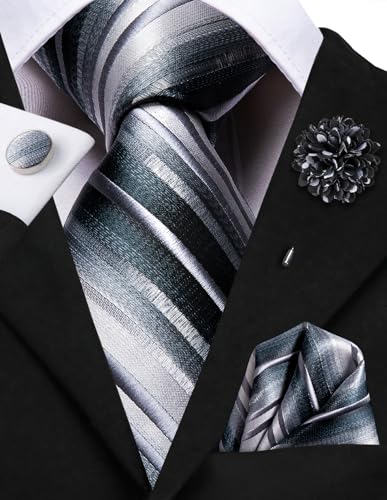 Image of Hi-Tie Men's Tie Lapel Pin Set Pocket Square Cufflinks Formal Woven Silk Tie Sets Wedding Party