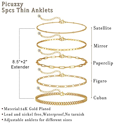 Picuzzy Gold Anklet For Women, 14K Gold Plated Ankle Bracelets For Women Waterproof Cuban Figaro Link Mirror Chain Anklet Dainty Thin Layered Jewelry Anklet For Women Girl Gifts #TOP4