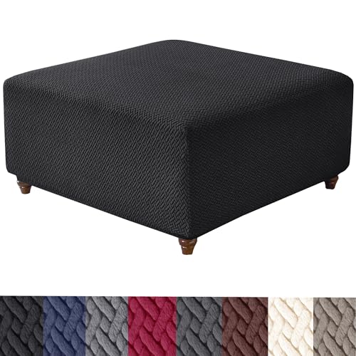 HFCNMY Funda otomana cuadrada de punto elástico, funda otomana cuadrada de jacquard gruesa, funda otomana cuadrada lavable para almacenamiento, funda otomana con parte inferior elástica, color negro,