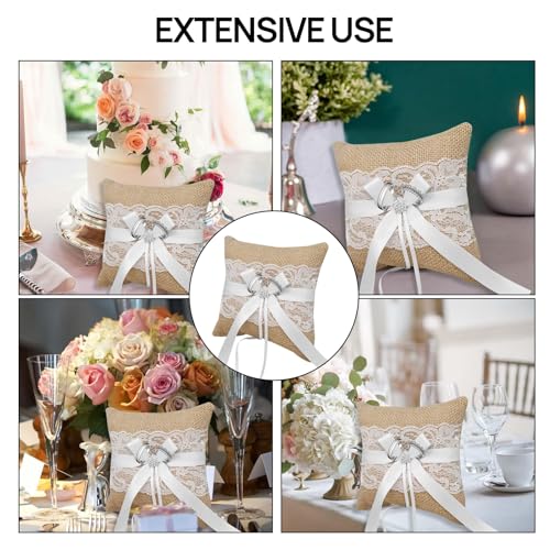 HANIUTTY Ringkissen Hochzeit Vintage, 20cm Jute Spitzeblumen Rustikale Eheringe Brautkissen Träger Ringschachtel Ringkästchen Ringschatulle Wedding Ring Pillow für Verlobung Oder Eheringe