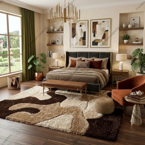 Image of Tauhid Carpet Super Soft Microfiber Shaggy Area Rug Modern Abstract Beige Brown & Cream Plush Carpet | Fluffy Floor Rug for Living Room, Bedroom 2x5 Feet Runner.