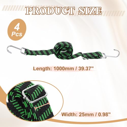 Image of uxcell 4Pcs Adjustable Bungee Cords with Hooks, 39 Inch Flat Heavy Duty Elasticity Straps Rubber Bungee Cords with Buckle for Outdoor, Camping, Tarp, Bike Rack, Luggage, Black Green