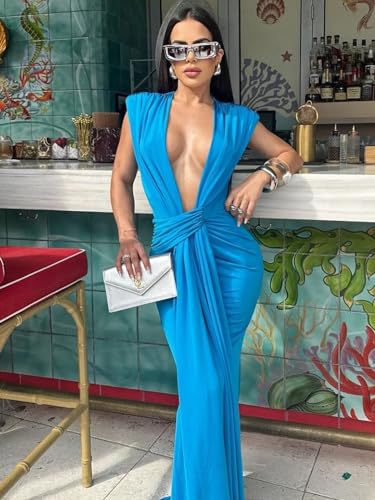 Image of Ekaliy Elegant Bodycon Dresses for Women Deep V Neck Maxi Dress Mermaid Long Dress