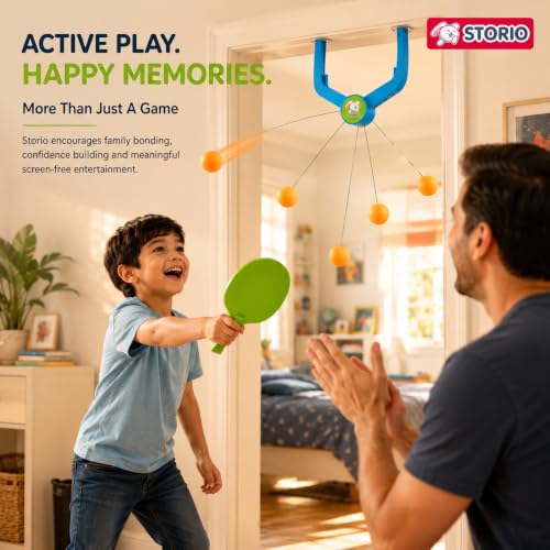 Image of Storio Hanging Table Tennis Trainer, Door Mounted Ping Pong Training Set with 2 Rackets and 5 Balls, Indoor Reflex Training Toy for Boys and Girls Age 5-14 Years