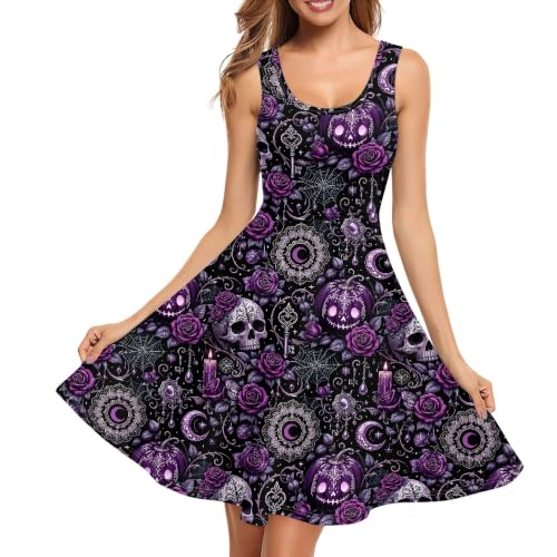 Image of TOADDITDO Women's Sleeveless O Neck Beach A-Line Party Coctail Tank Dresses Flared Sundress