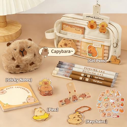 Image of Kawaii Capybara Pencil Case Kit with Plush Toy +Notepad+Pendant+Stickers+Binder clips+Diary Clip+Pens, 5-Layer Large Capacity Capybara Stationery Set Gifts for Office, Makeup. (White)