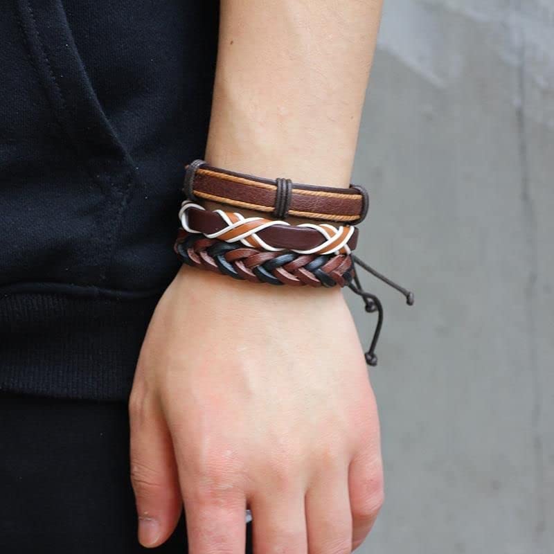Image of PU Leather Brown Handcrafted Stylish Unisex Bracelet(set of 6)