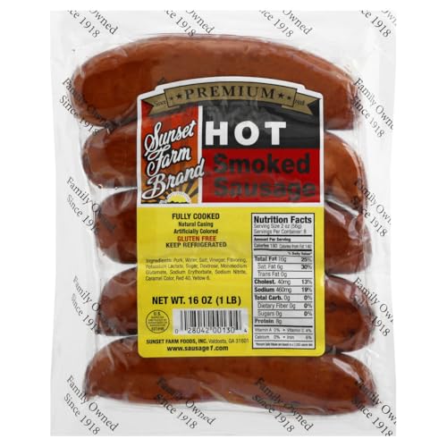 Sunset Farm Brand, Hot Smoked Sausage, 16 Ounce