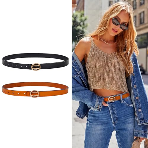 Image of Aurolran Women's Fashion Classic Metal Buckle Leather Belt with Jeans Dress