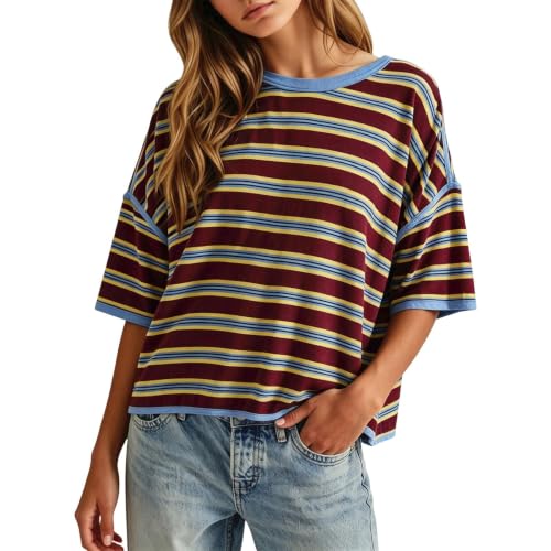 Top Femme Ete, Tunique De Plage Femme Rayé à Manches Chauve-Souris Et Col Rond Coupe Décontractée pour Un Style Confortable Au Quotidien