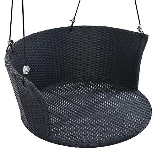 Outdoor Patio Wicker Porch Swings, 33.8" Wide Single Person Hanging Chair With Black Woven Rattan And White Cushions #TOP5