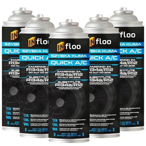INfloo 5x Quick A/C R134a – Refrigerante 5x185g (1,73 L) + Guantes | Para vehículos hasta 2016 | Sustituto de R134a | Aire acondicionado de coche