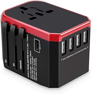 Universal Travel Adapter with 4 Ultra-Fast USB Port and 1 Ultra-Fast USB Type C Port and Power Socket Worldwide Plugs UK EU US AU Auto Switch