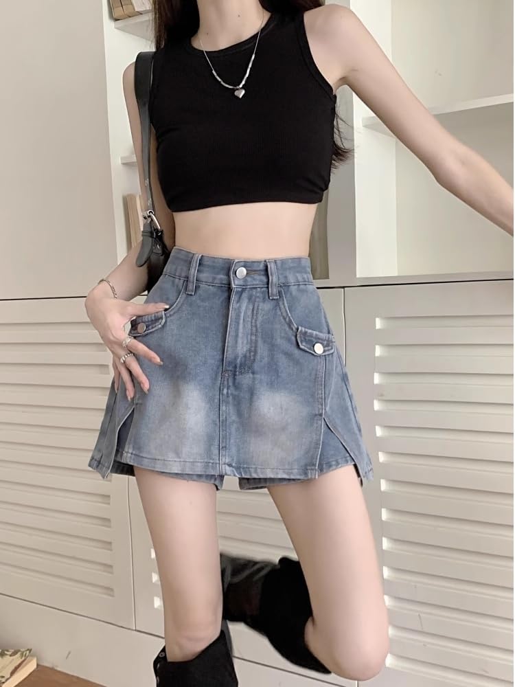 LIXINGHEITANG Large Size Womens Retro Denim Skirt Summer Waist Slim and Design Short Pants