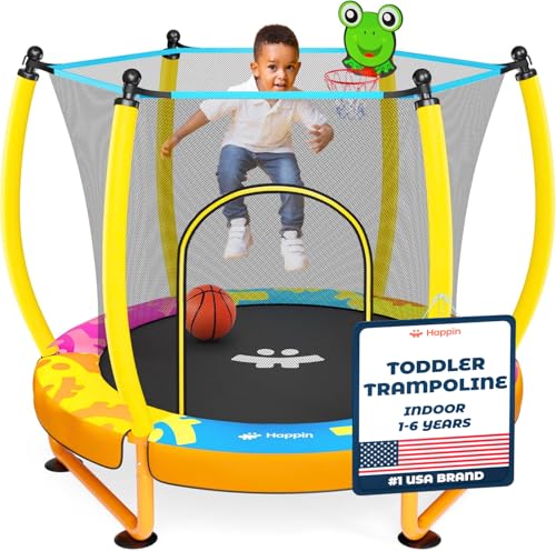 Happin Trampolín para niños de 55 pulgadas, juego para interiores y exteriores de 1 a 6 años, cama elástica para niños de 5 pies, mini trampolín ultra seguro para niños con red de seguridad, regalos