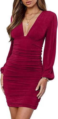IHOT Fall Wedding Guest Dresses for Women Long Sleeve V Neck Bodycon Short Club 