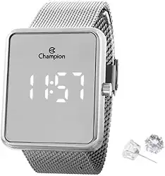Relógio Feminino Champion Digital Espelhado Prata + Colar e Brincos CH40080S