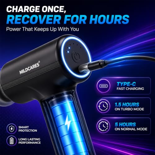Image of Mildcares M1 Full Body Massager Gun for Pain Relief | Deep Tissue Therapy | 6-Speed Settings, 4 Heads, Rechargeable Silent Motor - Electric Massager for Pain Relief Massager (Black)