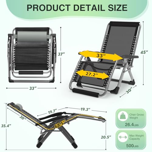 Suteck XXL-GREY1441 Oversized Zero Gravity Chair,33In Xxl Lounge Chair W/Removable Cushion&Headrest, Reclining Camping Chair W/Upgraded Lock And Footrest, Reclining Patio Chairs Recliner thumb #1