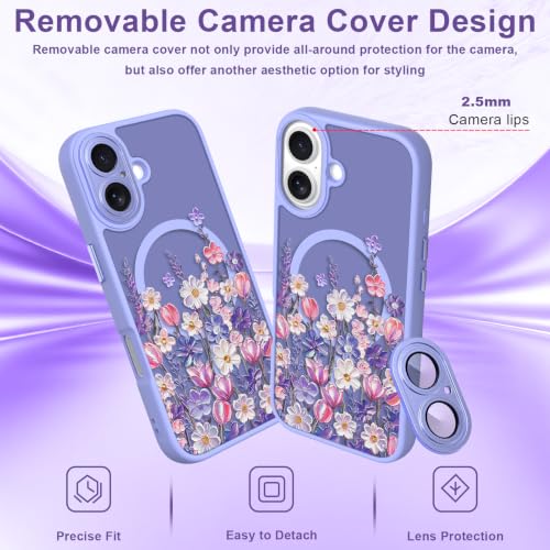 Image of Magnetic for iPhone 16 Case with for Women Girls, Purple Floral | Cute Oil Painting Flower Pattern Design [Compatible with MagSafe] [Full Camera Protection] Translucent Slim Shockproof Cover
