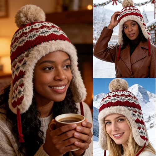 Gorro térmico de invierno para mujer con orejeras y pompón miniatura 2