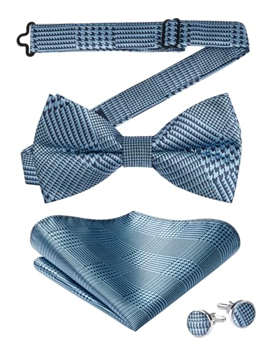 Image of HISDERN Mens Plaid Bow Tie Set Pocket Square and Cufflinks Bowtie