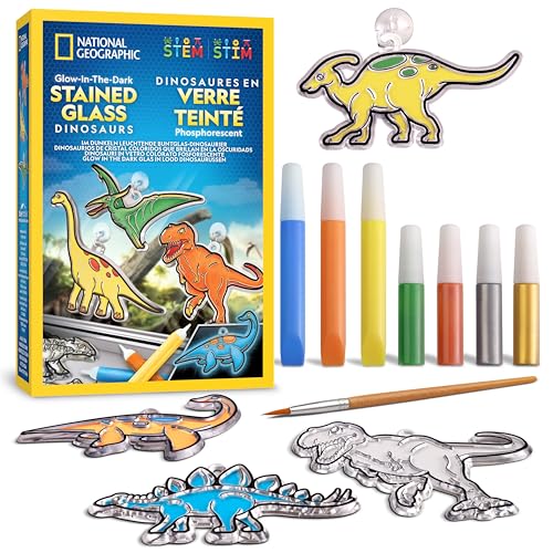 Blue Marble NATIONAL GEOGRAPHIC Kit Creativo per Bambini – Dinosauri Stile Vetrata con Colori Fosforescenti, Decorazioni per Finestre, Attività Artistiche per Bambini 4-8 Anni