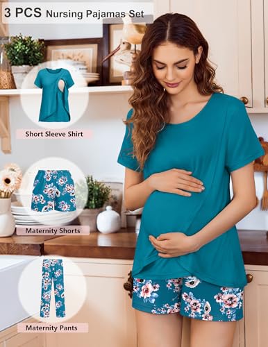 Image of Ekouaer 3 PCS Maternity Nursing Pajamas Set Postpartum Breastfeeding Short Sleeve Shirts, Pregnancy Shorts & Pants Pjs S-XXL
