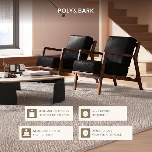 Image of Poly & BARK Verity Leather Accent Chair - Armchair with Walnut Wood Frame - Fashion-Forward Lounge Seating for Living Room - Upholstered in Onyx Black Leather for Modern Style