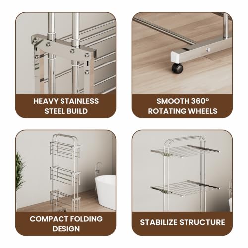 Image of LAPO Stainless Steel Cloth Drying Stand with Wheels | 3 Tier Foldable Laundry Rack | Side Wings & Hanger Rails | Rust Resistant Portable Clothes Dryer | Home, Balcony, Indoor & Outdoor Use
