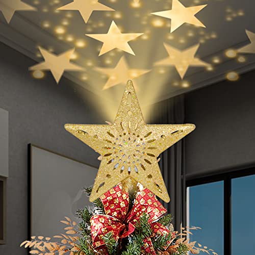 Christmas Tree Topper, Christmas Decoration Tree Top Star 3D Projection Lamp with Rotating Star Projector Lights,for Christmas Decorations Xmas New Year Holiday Party (Five-Pointed Star)