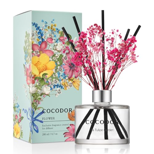 Image of COCODOR Flower Reed Diffuser Set / 6.7oz / La Tulip Garden /Scent Diffuser with Sticks Home Fragrance Reed Diffuser for Bathroom Shelf Decor for Women