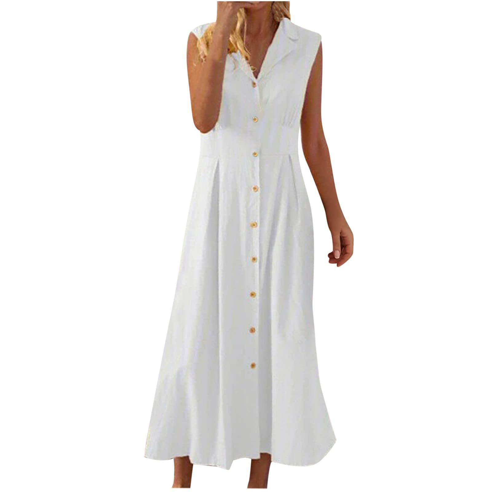 Leinenkleid Damen Sommer Lang A Linie Ärmellos Sommerkleid Damen Elegant Maxikleid V Ausschnitt Blusenkleid Mit Knopfleiste Sommerkleider Frauen Leicht Luftig Maxi Kleider Baumwolle Leinen